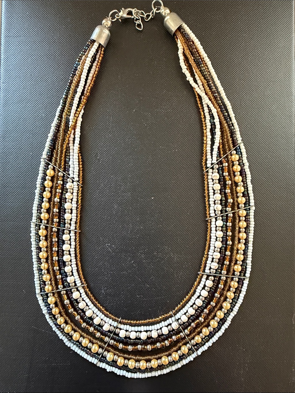 African Multi-Strand Gold, Black & White Beaded Statement Necklace